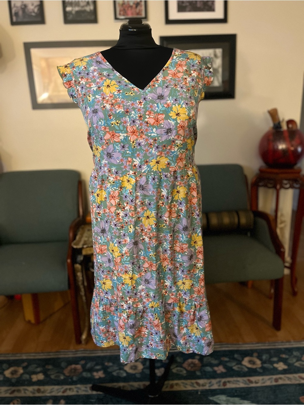 BloomChic Teal Floral Midi Dress with Yellow & Lavender Blooms